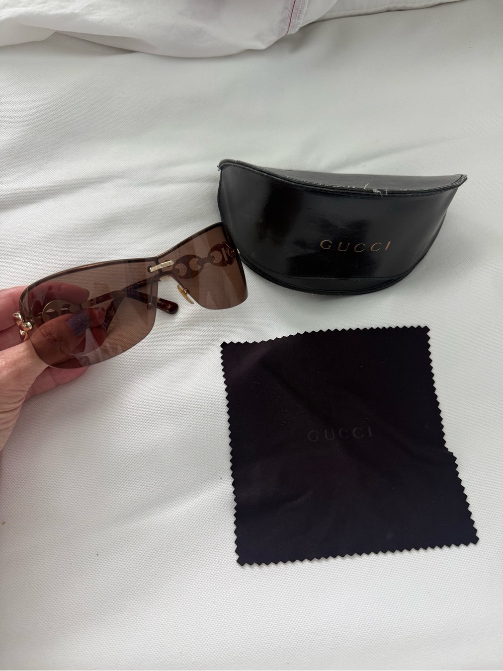 Gucci Women’s Brown Rimless Sunglasses with Gold Accents